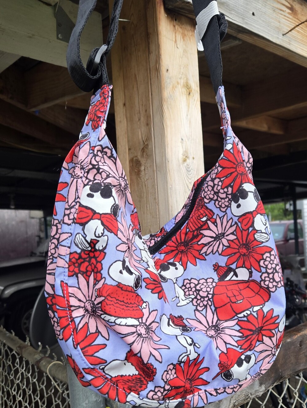 BAGGU Snoopy Floral Crossbody in Lavender, Red & Pink